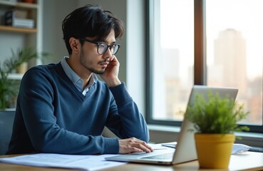 Young bearded man in glasses sits at desk with laptop. Works on computer, analyzes data on papers. Male office worker in modern workplace with plants. Businessman in casual clothes typing on keyboard.