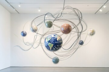 Artistic installation of earth with orbiting spheres in gallery