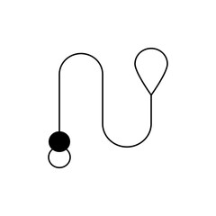 A minimalist illustration of a black ball connected to a winding line ending in a teardrop shape loop design