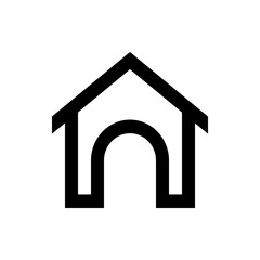 Illustration of a simple black and white dog house icon with a rounded doorway and triangular roof shape design