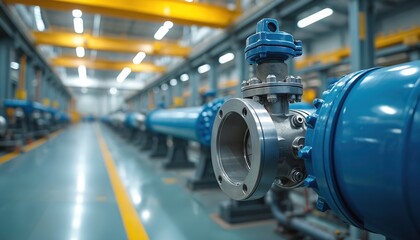 Fototapeta premium Metal industrial valve on blue pipeline system in large factory. Clean bright lighting on machinery, energy infrastructure, production line.