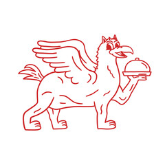 hand drawn griffin holding a serving platter cartoon illustration
