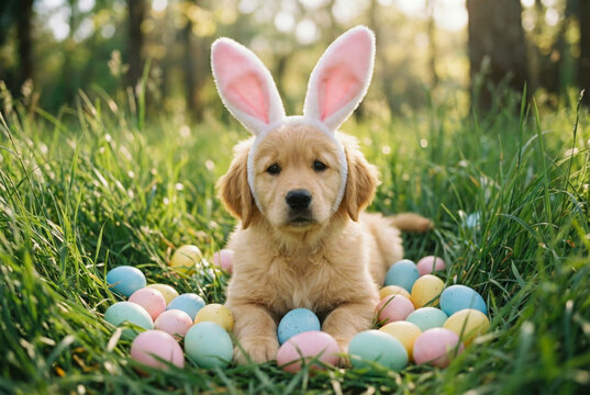 Cute golden retriever puppy wearing pink bunny ears lying in grass with colorful easter eggs