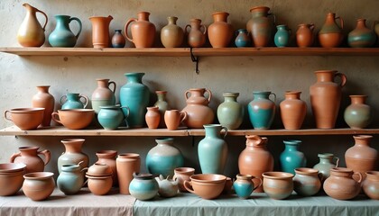Shelves hold assorted ceramic jugs vases bowls and cups in earth tones and blues. Handmade pottery collection displays various shapes and sizes suitable for home or kitchen.