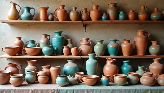 Shelves hold assorted ceramic jugs vases bowls and cups in earth tones and blues. Handmade pottery collection displays various shapes and sizes suitable for home or kitchen.