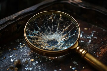 Close-up of shattered glass in magnifying glass on wooden surface