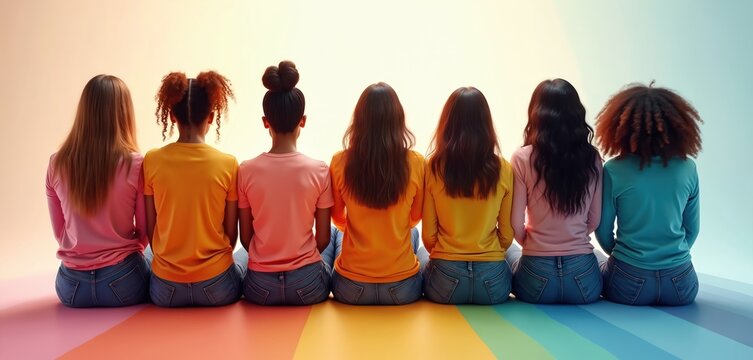 Diverse group of women sit together on rainbow colored floor. Represent unity strength, global solidarity. Image celebrates International Womens Day promoting equality, female empowerment. Vibrant