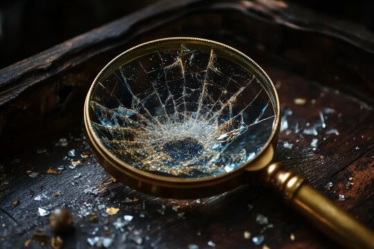 Close-up of shattered glass in magnifying glass on wooden surface
