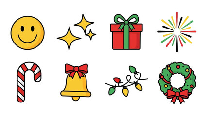 Fototapeta premium Collection of festive Christmas and New Year's icons including a smiley face, gift, candy cane, and wreath