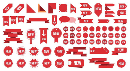 A large collection of red promotional labels and banners. Featuring new product arrival stickers, tags, and ribbons in a modern flat design style for marketing