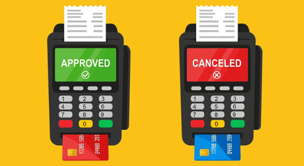 Approved and Canceled Payment Terminal Illustrations with Credit Cards and Receipts