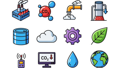 Climate Action Icons Carbon Reduction, Sustainable Energy, & Eco-Friendly Industry