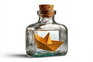 A yellow paper boat in a glass bottle with a cork