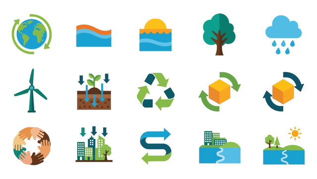 Collection of vibrant flat design icons representing environmental protection, sustainability, nature, and renewable energy concepts for eco-conscious projects and green initiatives - Powered by Adobe