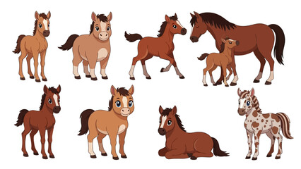 Fototapeta premium Charming set of cartoon horses and adorable foals, depicting various poses and expressions, perfect for children's designs and animal-themed projects