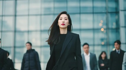 Korean woman walking confidently out of a modern glass office building during the day