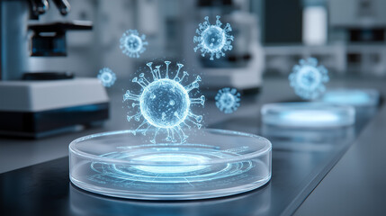 Futuristic holographic virus visualized above petri dish in modern laboratory environment