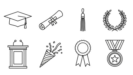 Fototapeta premium Detailed Illustrative Line Art Icons Representing Graduation Celebrations, Academic Success, Diplomas, Awards, and Milestones in a Clean Vector Style