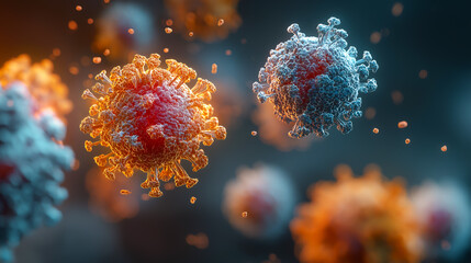 High-detail 3D visualization of colorful virus clusters showing microscopic biological structures