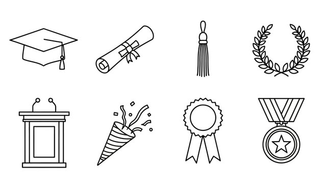 Detailed Illustrative Line Art Icons Representing Graduation Celebrations, Academic Success, Diplomas, Awards, and Milestones in a Clean Vector Style