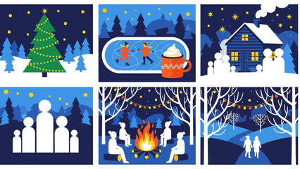 Winter illustrations depicting festive holiday scenes, outdoor activities, and cozy gatherings