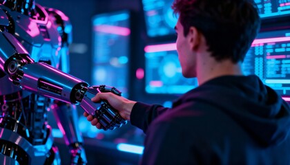 Futuristic business deal between human and android cyborg shaking hands in neon cyberpunk office with digital data screens