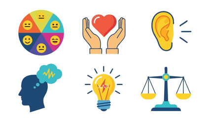 Set of 6 vector icons illustrating different emotions, care, hearing, thinking, ideas, and justice