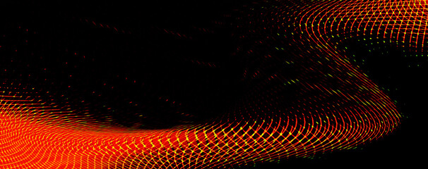 Dark, futuristic abstract background with a curving, glowing mesh of interconnected red and yellow light dots, suggesting a digital network, data visualization, or cyber landscape.