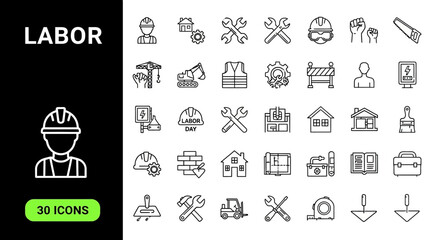 Versatile vector icon collection showcasing 30 detailed line art symbols related to construction, workforce, and industrial labor occupations for modern graphic design resources