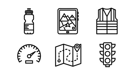 Collection of essential cycling and outdoor adventure icons featuring navigation tools, safety gear, speed measurement, and hydration symbols for active lifestyles