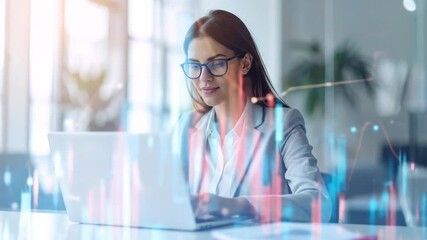 Woman Analyzes Financial Data on Laptop with Overlayed Stock Market Charts - Powered by Adobe