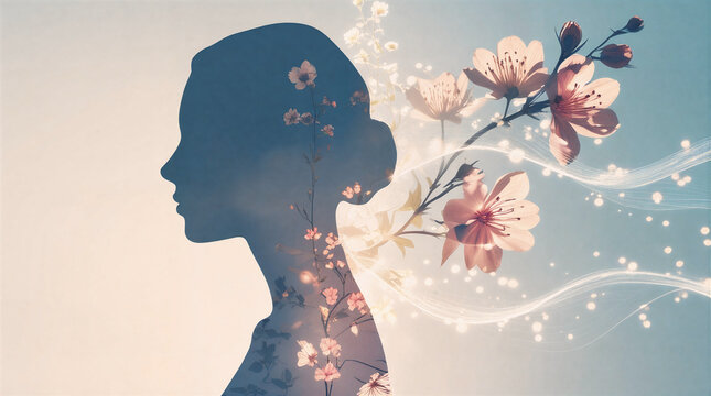 Abstract Double Exposure of Woman Silhouette with Cherry Blossoms for Mental Health and Wellness, representing mindfulness, imagination, psychology, and holistic healthcare. 
