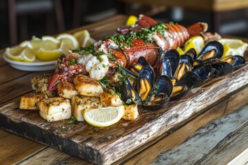 Exquisite seafood platter with lobster, scallops, and mussels