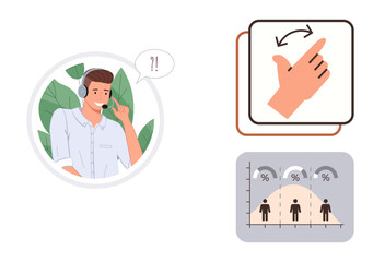 Young man with headset talking, two-finger swipe gesture, and bell curve with data figures. Ideal for communication, gestures, data analysis, customer service, technology, learning and usability