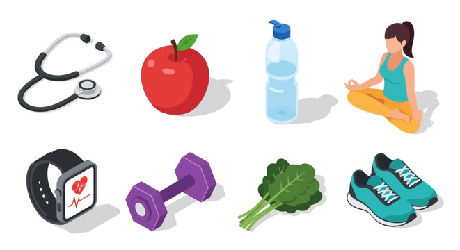 Healthy lifestyle isometric icons Medical, fitness, and nutrition elements for wellness