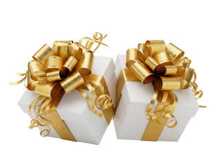 Two white gift boxes with golden bows PNG isolated on transparent background, festive presents for Christmas and birthday celebrations