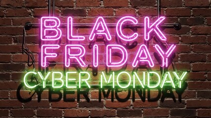 Vibrant neon signs announce Black Friday and Cyber Monday sales against a brick wall.