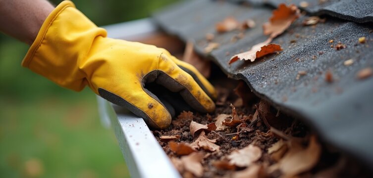 Hand in yellow glove clears debris from roof gutter. Cleaning gutter from leaves and dirt for home maintenance is essential. Prevent water damage with routine gutter cleaning to extend roof life.