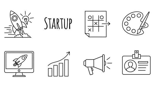 Set of linear vector icons for business startups, illustrating concepts like innovation, strategy, marketing, and growth