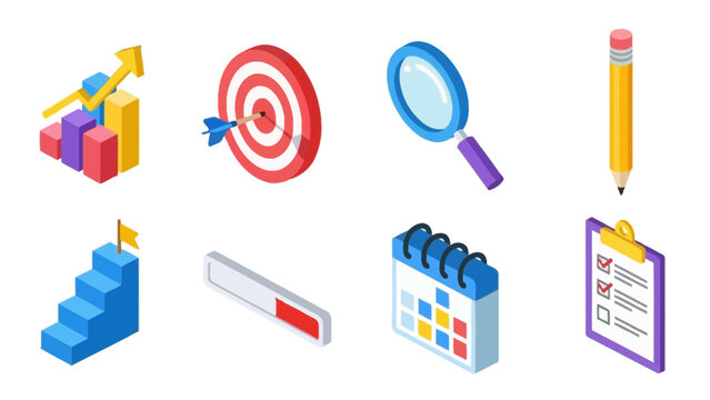A collection of colorful isometric icons representing business concepts like goal setting, data analysis, project planning, and progress