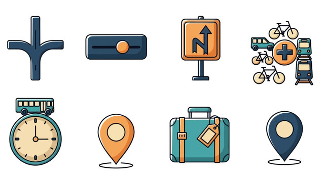 Vibrant illustrated vector icons for travel, transport, navigation, and settings. Essential graphic elements for mapping, journey planning, and user interface design applications
