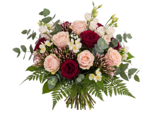 Elegant bouquet of roses and greenery isolated PNG, romantic floral arrangement for wedding or anniversary design on transparent background