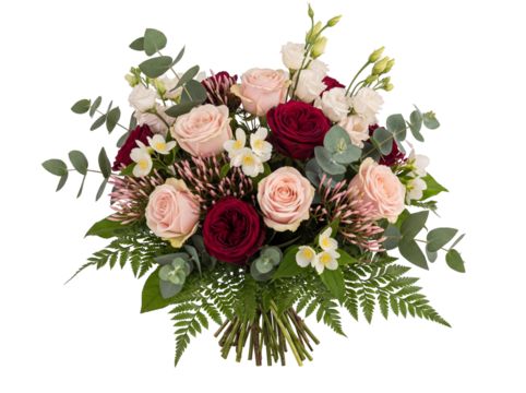 Elegant bouquet of roses and greenery isolated PNG, romantic floral arrangement for wedding or anniversary design on transparent background