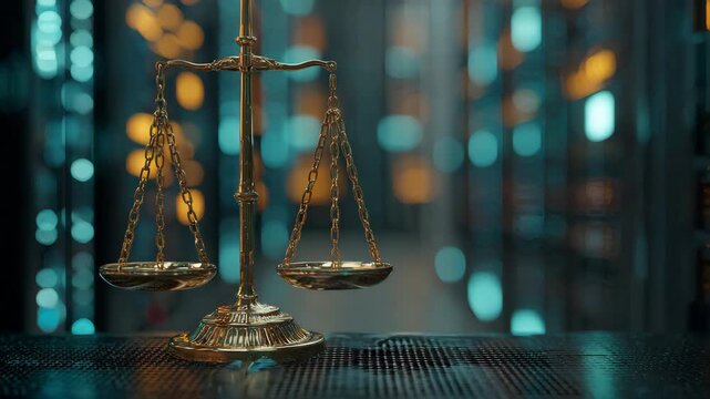 Law scales on background of data center. Digital law concept of duality of Judiciary