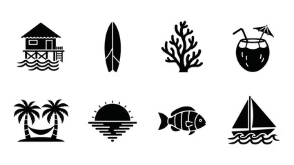 Collection of tropical vacation and beach holiday vector icons depicting relaxation and leisure activities