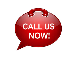 Red speech bubble with phone receiver isolated PNG, call us now message for marketing and advertising on transparent background