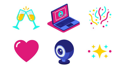 Set of colorful party icons champagne glasses, confetti, heart, webcam, and stars illustration