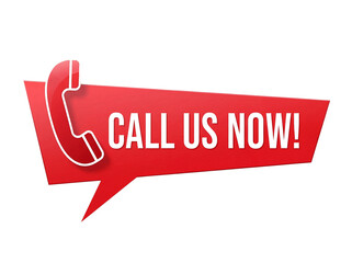 Red speech bubble with phone receiver and Call Us Now text isolated PNG, communication concept for advertising and marketing