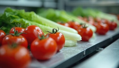 Lineup of fresh red tomatoes and crisp green lettuce. Vegetables on shiny metal surface. Ready for processing, packaging, or sale. Natural food items.