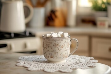 Elegant floral mug with marshmallows on vintage doily in cozy kitchen